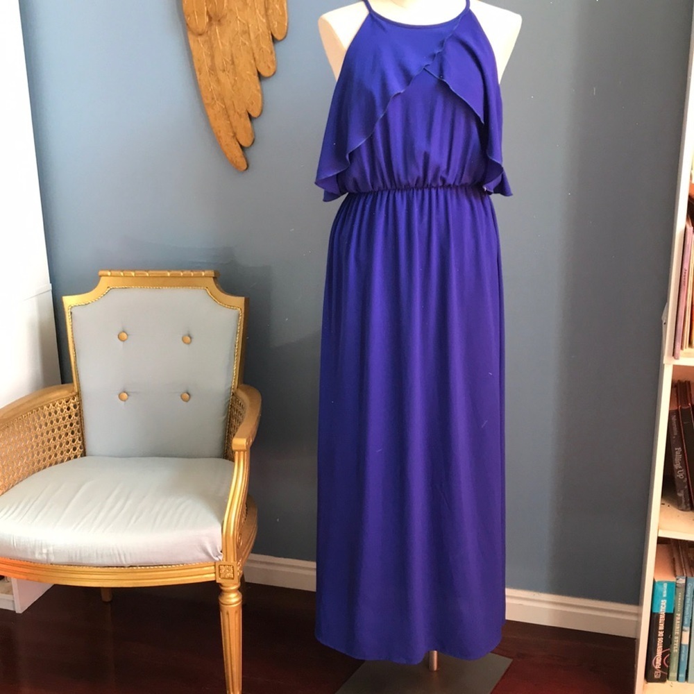 Scobe royal blue sleeveless halter long party dress size L